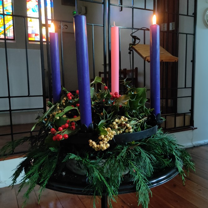 Advent wreath with two candles lit