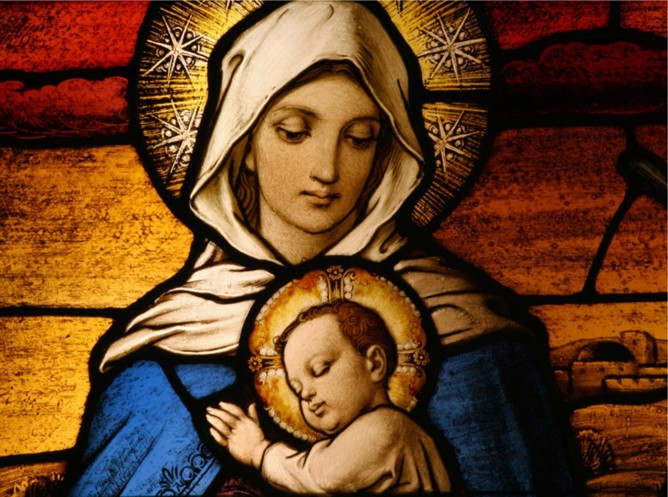 Stained glass window of the Virgin Mary and Baby Jesus